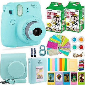 Fujifilm Instax Mini 9 Instant Camera + Fuji Instant Film (40 Sheets) + Accessories Bundle - Carrying Case, Color Filters, Photo Albums, Assorted Frames, Selfie Lens plus more (Ice Blue)